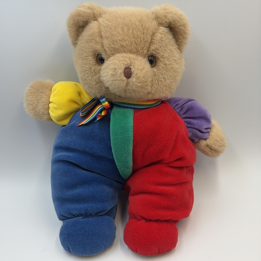 Vintage Eden Teddy Bear Primary Colors Velour Rainbow 13" Plush Stuffed Lovey